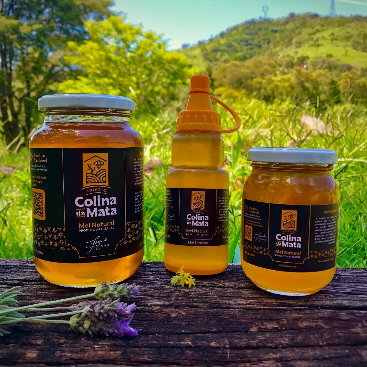 Potinhos e bisnaga de mel da Colina da Mata com lavanda e montanhas ao fundo